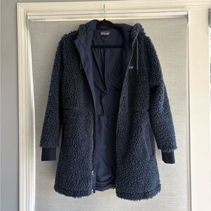 Patagonia Navy Sherpa Teddy Hooded Long Coat